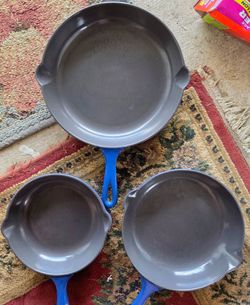 LE CREUSET CAST IRON BLUE ENAMEL SKILLETS