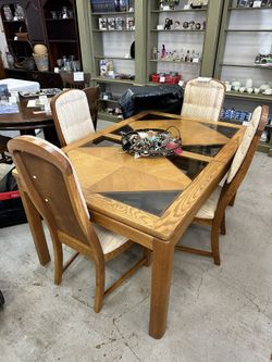 Wood Dining Table with Glass Top & 4 Chairs + Leaf