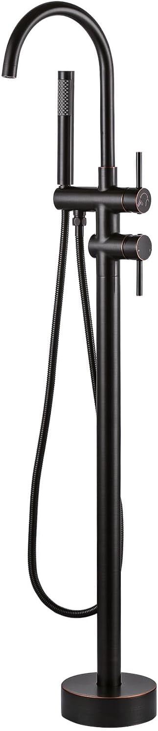 Freestanding Tub Filler Faucet, Floor Mount Oil Rubbed Bronze Bathtub Faucet with Single Handheld Shower for Bathroom, Brass Shower Tub Faucet Set Com