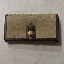 COACH Logo SIGNATURE Khaki Wallet Leather Trim Trifold Snap Checkbook