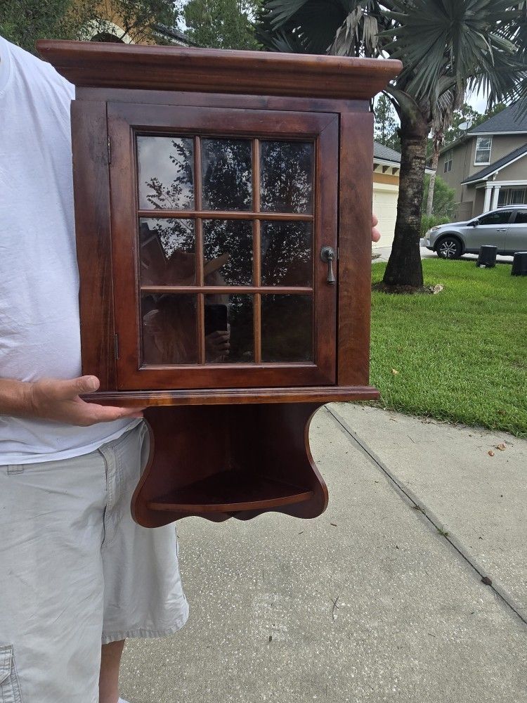 Lovely Vintage Wood And Glass Hanging Corner Cabinet