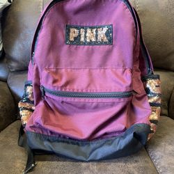 Victoria's Secret PINK Sequin School Gym Backpack Travel Bag Tote Maroon Purple