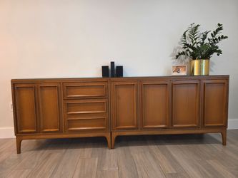 Vintage Mid-Century Wood Credenza / Entertainment Console – 2 Piece – Glass Tops