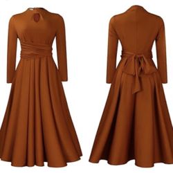 Ecirod Women's Formal Wedding Guest Dress, Autumn Midi Dress with Long Sleeves, Cropped, Empire Waist, Flared, Flowy Dresses
