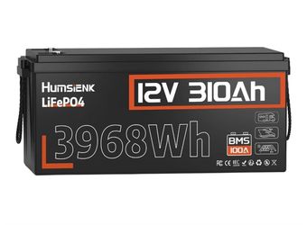 HumsiENK 12V 310Ah LiFePO4 Lithium Battery,Max. 3968Wh Energy,100A BMS, A+ Cells,15000+ Cycles Battery with Low-Temp Protection,Ideal for RVs,Trolling