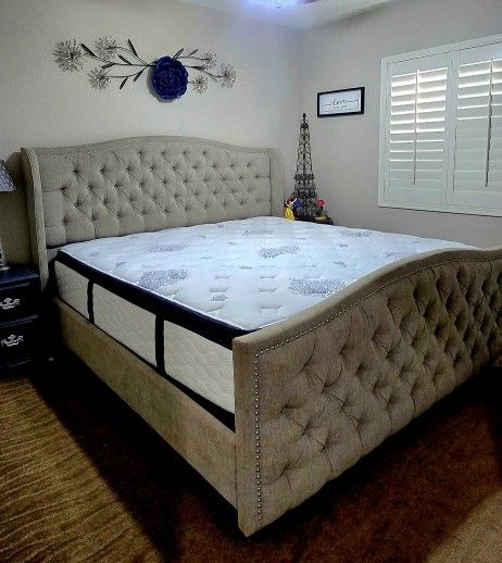 Upholstered King Bed with Mattress and Box Springs 