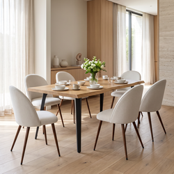 Homy Casa LANCELOT+HAVEN 7PC Dining Set 63” Dining Table with 6 Beige Fabric Chairs in Natural Wood Open Box