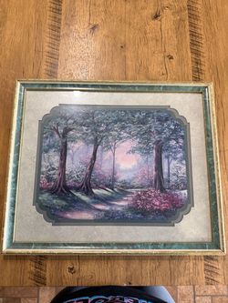 Framed Woodland Forest Landscape Print – Green & Gold Vintage Style Frame