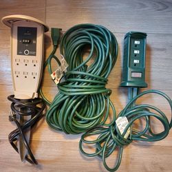 PENDING PICK UP 2 Outdoor Staked power Strips/stations,  One Solar + LoNG Power Extension Cord