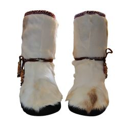 BRAND-NEW White/Brown Genuine Sheepskin Mid-Calf Winter Boots w/Wraparound Beaded Boho Ties (7/7.5) 