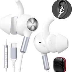Wired Ear Buds USB-C Headphone with Anti-Fall/Hurt Wingtips for iPhone 16 15/iPad Pro/Google/Samsung/Android - Hands-Free Call, Pure Stereo Deep Bass,