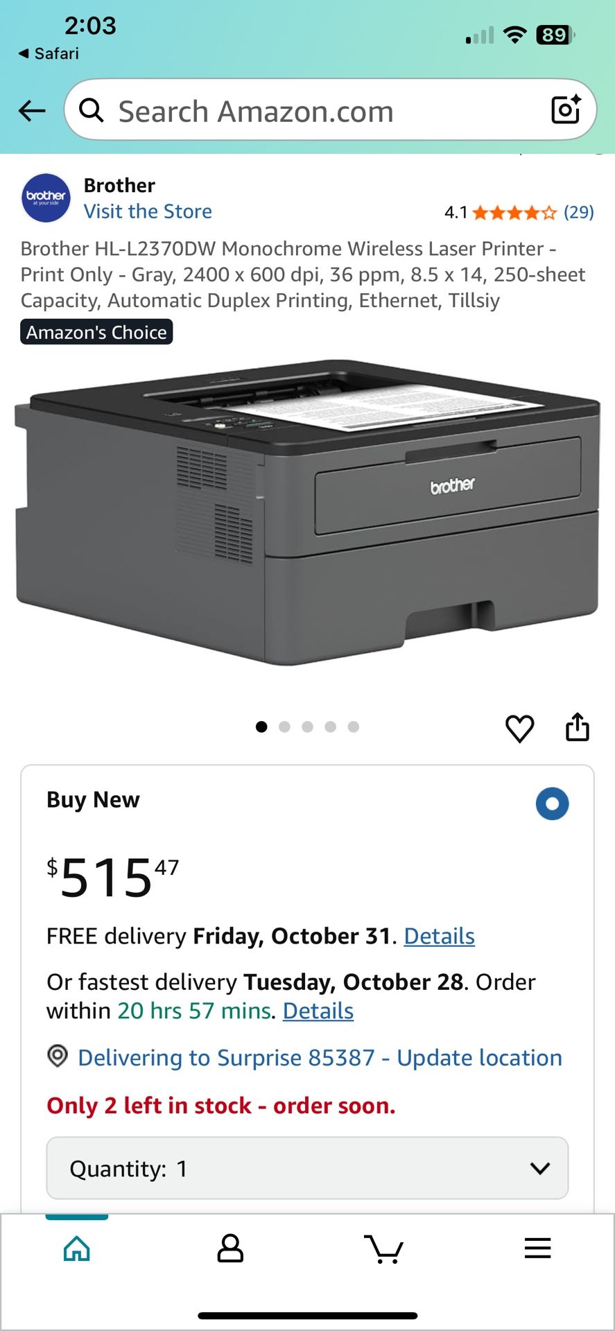 Brother HL-L2370DW Monochrome Wireless Laser Printer - Print Only - Gray, 2400 x 600 dpi, 36 ppm, 8.5 x 14, 250-sheet Capacity, Automatic Duplex Print