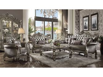 Versailles Silver PU & Antique Platinum Sofa w/6 Pillows