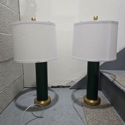 Set of 2 Green Textured Table Lamps w/ White Drum Shades, Gold Base, 26" Tall (E26)
