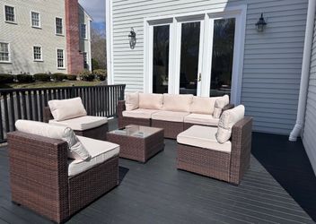 (LIGHT BROWN) NEW Assembled 116"57"57" U Shaped Large Wicker Sofa-FREE DELIVERY