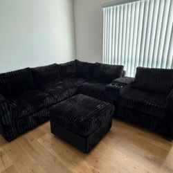 4-pc Sectional Sofa With Ottoman Fur-like Jumbo Corduroy Black Or Chocolate Colors