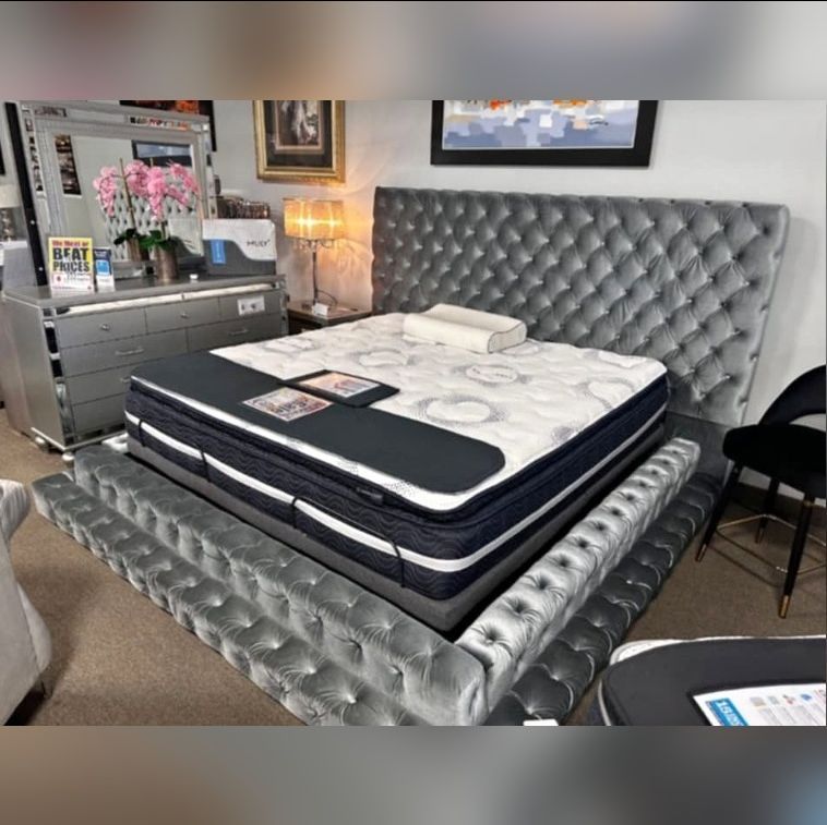 King Queen size Fully Upholstered Two layers bed frame Velvet gray