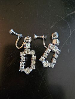 Vintage 1950s Silver Tone Clear Rhinestone Geometric Rectangular Drop Earrings,