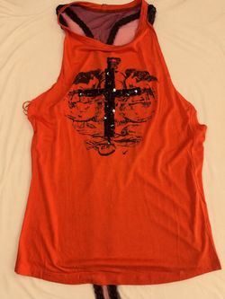 Orange Graphic Tank Top with Sequin Cross