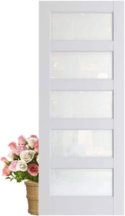 24 in. x 80 in. 5-Lite Solid Core Frosted Glass White Primed Composite MDF Interior Door Slab