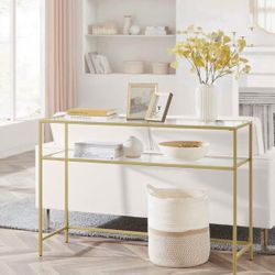 47.2 Inch Console Sofa Table, Modern Entryway Table, Tempered Glass Table, Metal Frame, 2 Shelves, Adjustable Feet, for Living Room, Hallw