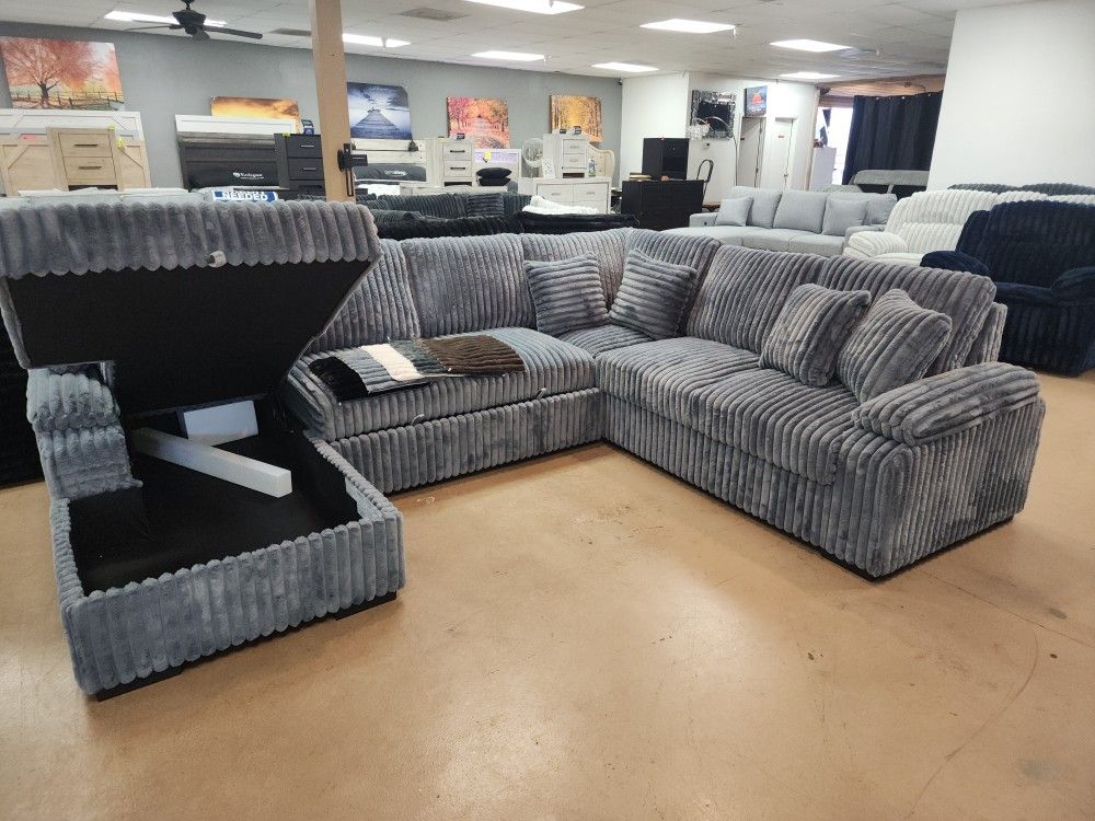 Gray Jumbo Curdoroy Sleeper Sectional With Staorage. 5 Colors Avail. Lowest Price