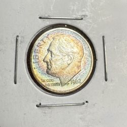 1962 Roosevelt Dime, MS 67, Rainbow Toning, Two Bands 