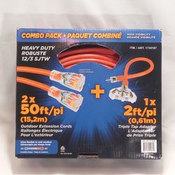 PRIME 50ft. Extension Cord 2-Pack + 2ft. Triple Tap Adapter