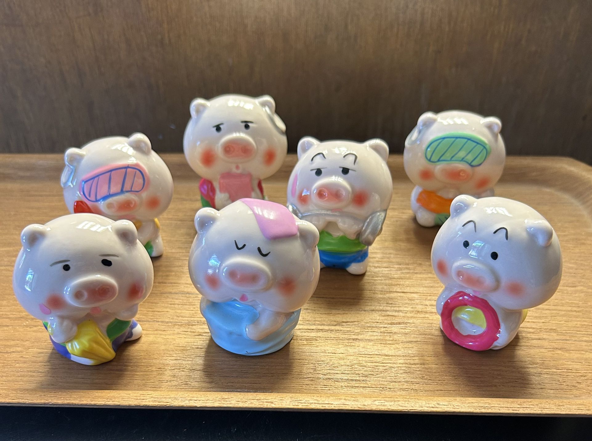 Vintage Ceramic Fun Cool Pig Figurines Set of 7
