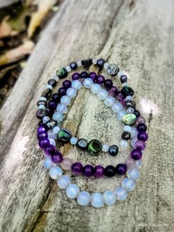 Trio Bracelet Set Gem Stones of Opal and Dark Amethyst, Abalone w/ Mother of Pearl in healing Nacre, Irridence Fauceted Opal and Round Clear Frosty Op