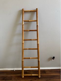 Mid Century 75” Southwestern Boho Bamboo Kiva Library Decorative Ladder Rack