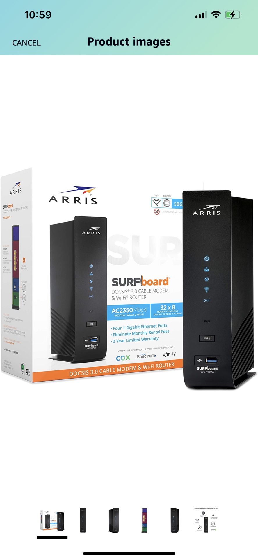 ARRIS SURFboard SBG7600AC2 DOCSIS 3.0 Cable Modem & AC2350 Dual-Band Wi-Fi Router, Approved for Cox, Spectrum, Xfinity & others (black)