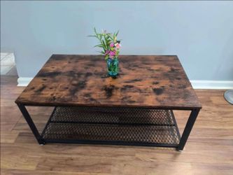 Industrial Rustic Coffee Table - Dark Wood Top + Black Metal Mesh Shelf | 42"x24"x18