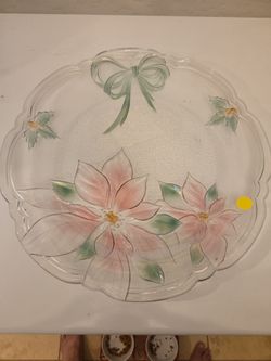 Savoir Vivre Mikasa Holiday Spirit 15-inch crystal serving platter with a poinsettia and bow design