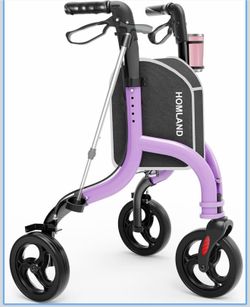 HOMLAND Foldable 3 Wheel Walkers for Seniors, Lightweight 10.4 lbs with Cane & Cup Holder, Height Adjustable, 8'' big wheel, Purple