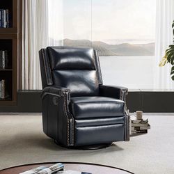Genuine Leather Recliner Chair, 360 Swivel Rocker Chair with Thick Seat, Classic Push Back Armchair with Backrest, Nailhead Trim, Navy
