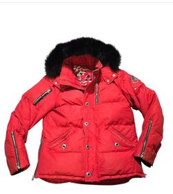 Moose Knuckles Red Puffer Jacket with Fur Hood