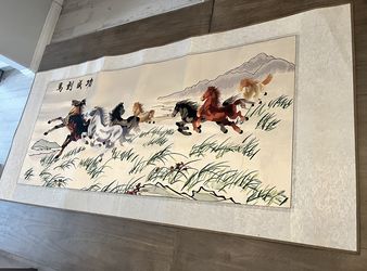 Large Vintage Chinese Embroidered Silk Panel 8 Horses Embroidery Framed