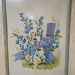 Mid Century Vintage Floral Country Roadside Barbwire Kitsch Framed Crewel Wall Art Framed 