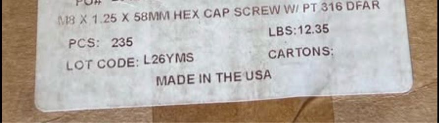 M8 X 1.25 X 58MM HEX CAP SCREW W/ PT 316 DFAR. 253 pieces