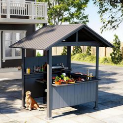 9.4X6.2 FT Hardtop Grill Gazebo, Gable Outdoor Grill Gazebo with Storage Shelves & Resin Shade System, Galvanized Steel Metal Hard top Gazebo for Pati
