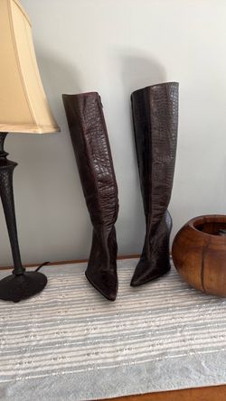 Dark Brown Croc-Embossed Knee-High Boots 6.5