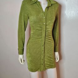Fashion Nova Olive Green Button-Front Ruched Long Sleeve Shirt Dress Size XS
