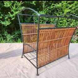 Vintage Mid-Century Wrought Iron and Woven Bamboo & Wicker Magazine and LP Record Rack