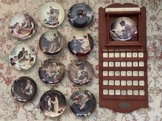 RARE Norman Rockwell American Mid-Century Porcelain Plate and Tile Wooden Wall Calendar