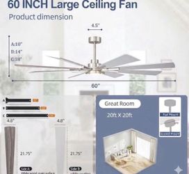 60 Inch Large Ceiling Fans, Outdoor/Indoor Modern Ceiling Fan for Patio Bedroom,6 Speed Reversible Quiet DC Motor, Dual Finish 8 Blades, Brushed Nickl