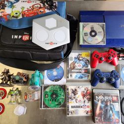 PS3 Super Slim Blue 250GB HDMI w/2 Wireless Controllers, 8 Video Games, Infinity Set, Cords & Charging Cable