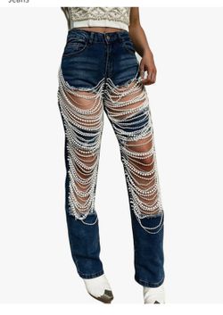 Women's Sexy Ripped Distressed Destroyed Rhinestones Pearls Chain Cocktail Party Denim Pants Jeans