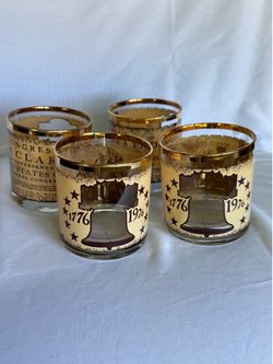 22k gold Vintage 1776 Liberty Bell Declaration Independence Gold Rim Glasses Set 4