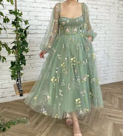 Tulle Flower Embroidery Puffy Sleeve Dress Sage Green